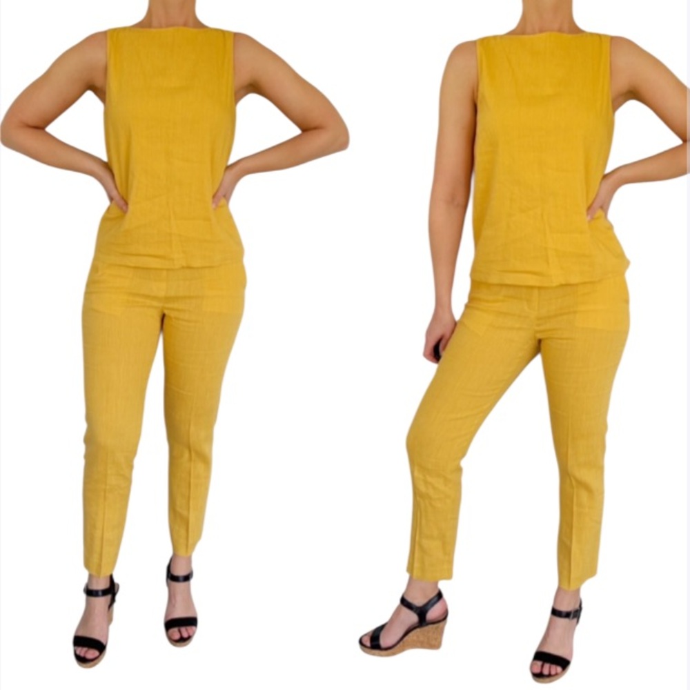 Theory yellow boatneck shell Treeca pull on linen blend top pants set size 0/P
